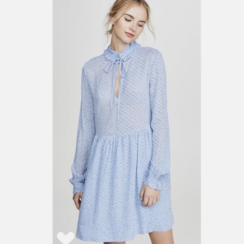 Ganni Long-Sleeve Floral Printed Georgette Dress with Ruffle Trim